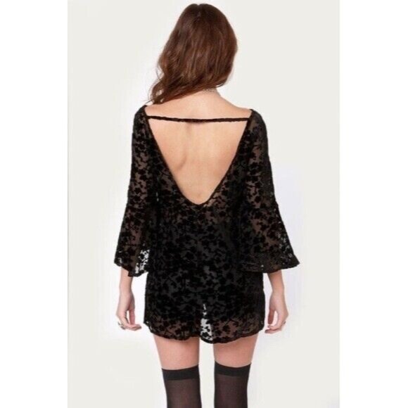 Gypsy Junkies x Free People Black Floral Lace & Velvet Bell Slv Tunic Mini Dress - Picture 7 of 13